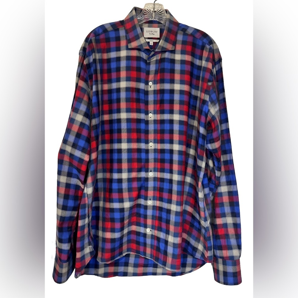 LEDBURY‎ Fine Shirting Men’s Slim Fit 100% Cotton Button Up Shirt Plaid Size XL